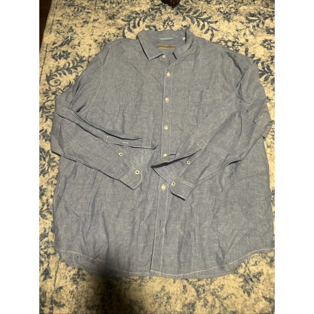 Tommy Bahama Button Up Mens Shirt XXXL Blue Tropical Print 100% Linen 3XL